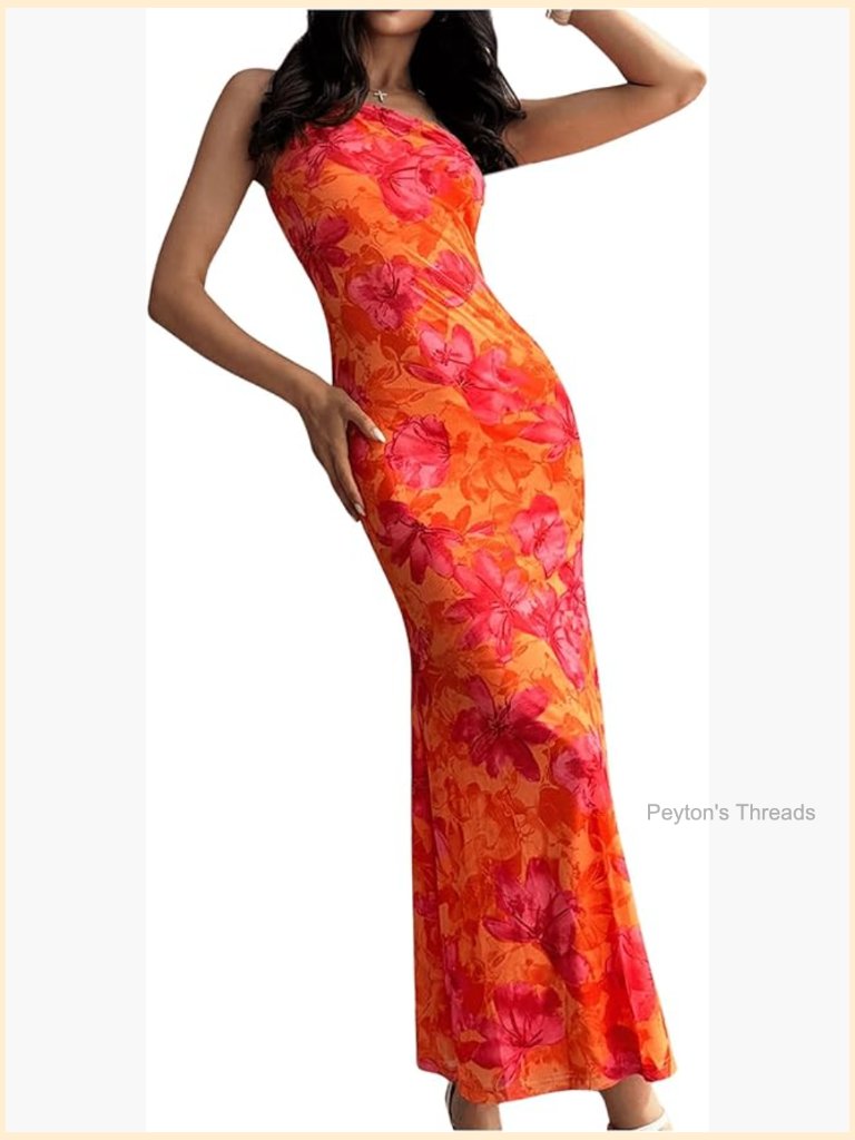 One Shoulder Bodycon Maxi Dress With Floral Print For Summer Weddings